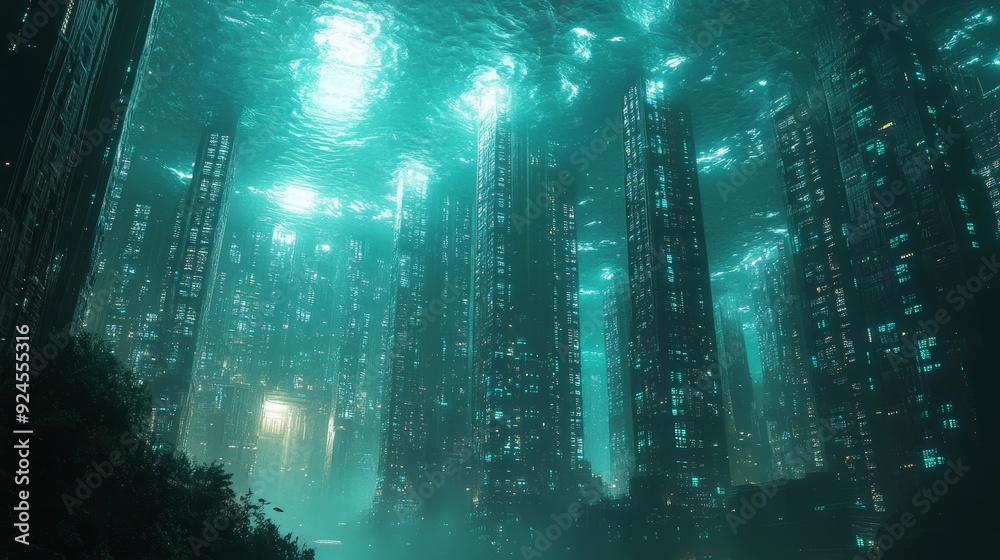 Obraz premium Futuristic City Submerged Underwater