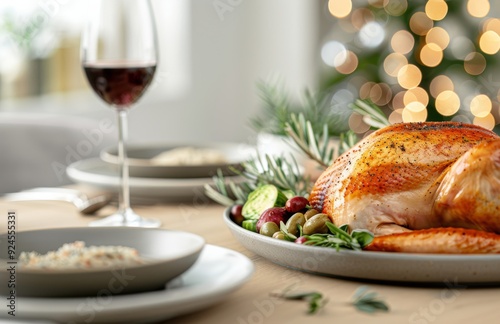 Festive Thanksgiving Dinner Table With Roasted Turkey and Wine Glass