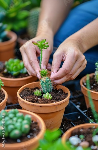 Gardener Transplanting Succulent and Cactus Plants in Terracotta Pots Outdoors