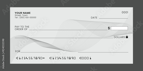 Blank bank check, checkbook cheque template or money payment paper voucher, vector mockup design.