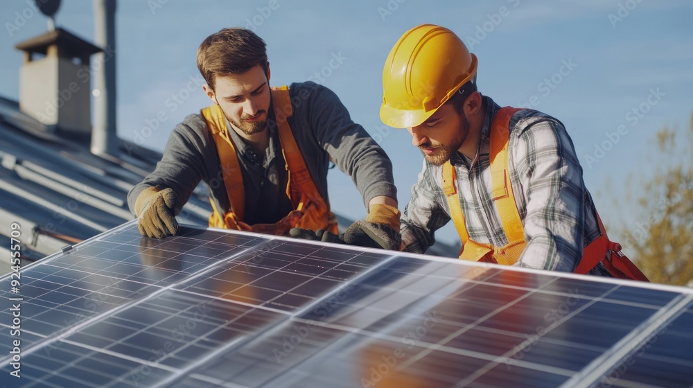Two Construction Workers Installing Solar Panels on a Roof Two Construction Workers Installing Solar Panels on a Roof