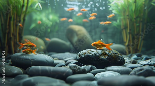 A minimalist Zen aquarium with smooth stones, elegant bamboo, and serene fish swimming slowly. Soft, diffused lighting creates a peaceful and meditative underwater scene.  --ar 16:9 --v 6.0 photo