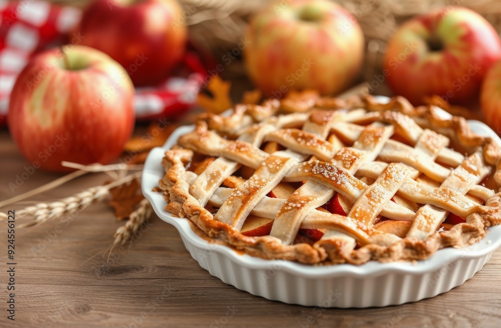 Delicious Apple Pie With Lattice Crust Surrounded by Fresh Apples and Autumn Decor