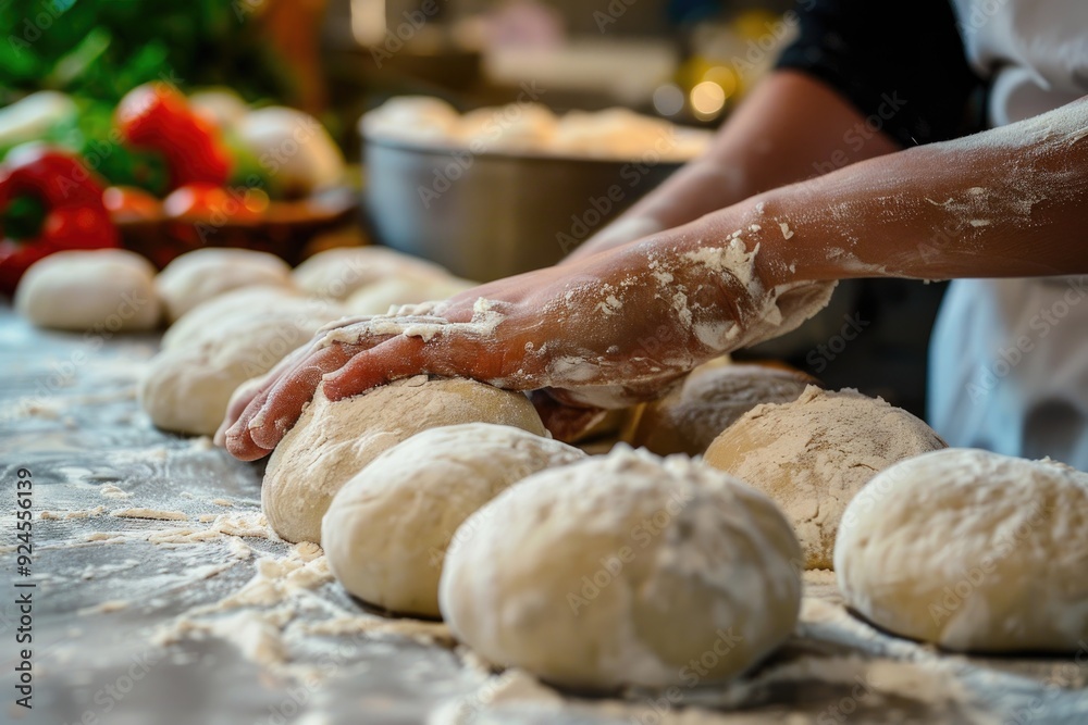 Hands Kneading Dough on Floured Surface: Artisanal Baking Process in Rustic Kitchen Setting Hands Kneading Dough on Floured Surface: Artisanal Baking Process in Rustic Kitchen Setting