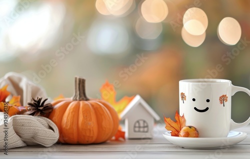 Cozy Autumn Decor With Pumpkins, Red Leaves, and Cute Houses