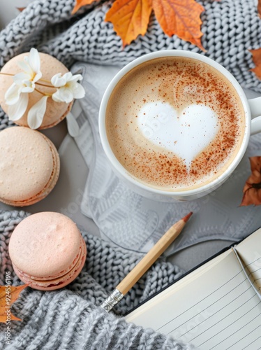 Cozy Coffee Cup With Heart Foam on Notebook Surrounded by Autumn Leaves