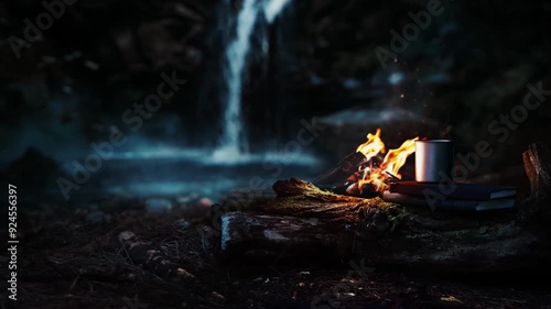Camping in nature and forest with waterfalls and flowing streams, bonfires and campfires and the sounds of insects, ASMR nature scenery
