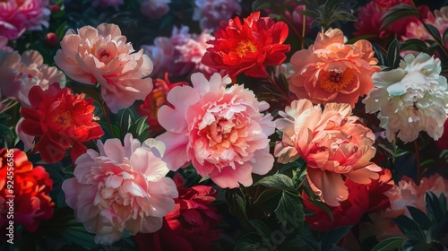 Artistic representation of a garden full of peonies in bloom, with their large, ruffled petals in shades of pink,