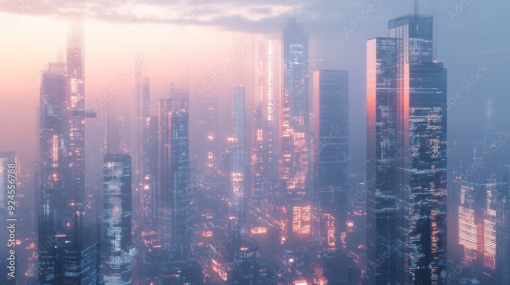 Futuristic Cityscape with Glowing Towers and Pink Sky Futuristic Cityscape with Glowing Towers and Pink Sky