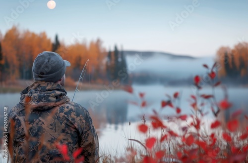 Early Morning Fisherman Casting Line on Tranquil River in Autumn