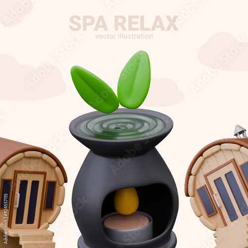 Set of realistic objects for spa relaxation. Aroma lamp with lighted candle, wooden sauna house