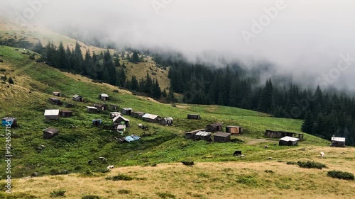 In the highlands of the Carpathians, Ukraine after the rain the fog rises beautifully over the forest slopes with coniferous spruce trees and pastures, next to old shepherd's huts shelters