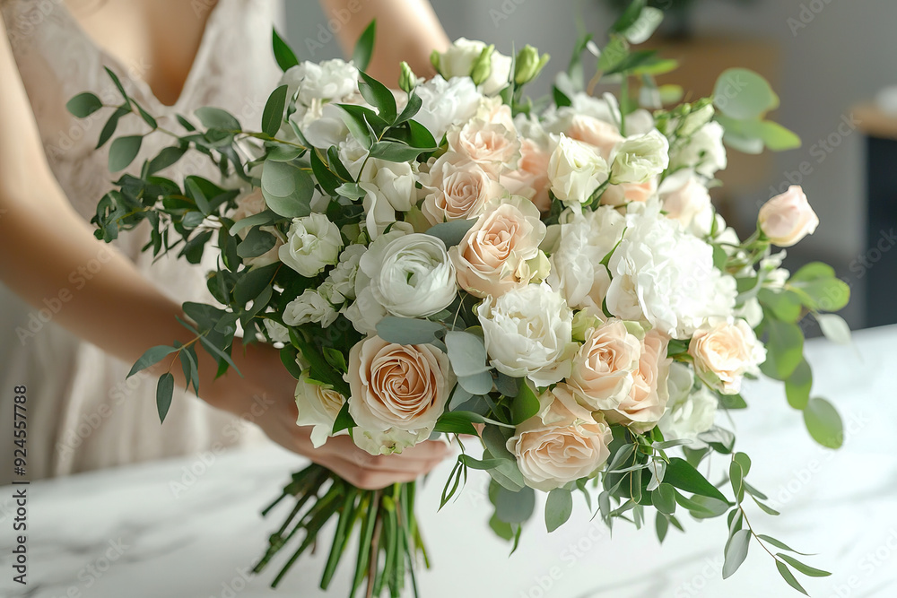 Fototapeta premium Florist creating beautiful bouquet at white marble table, closeup