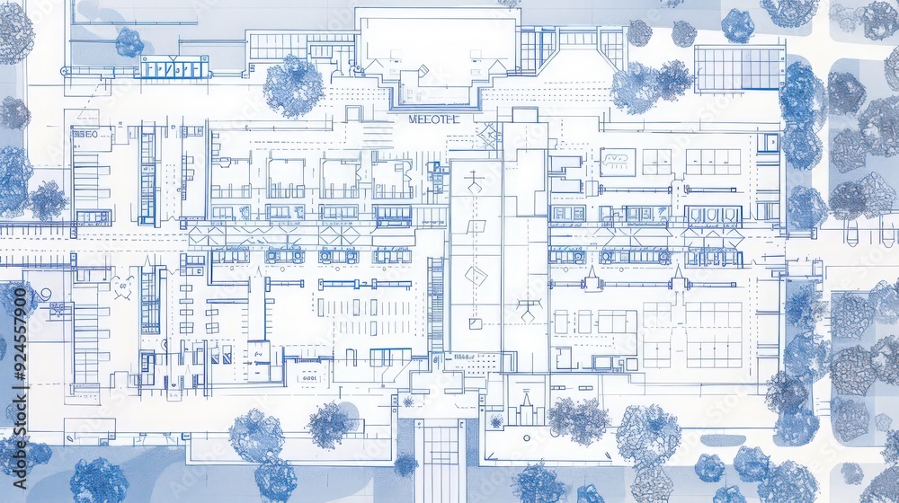 Illustration of a blueprint for a school building, showing classroom layouts, administrative offices Illustration of a blueprint for a school building, showing classroom layouts, administrative offices