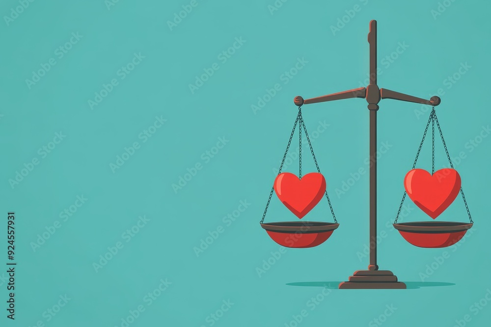 © TEERAPAT - Justice scales with a heart, blending morality and fairness, flat design illustration