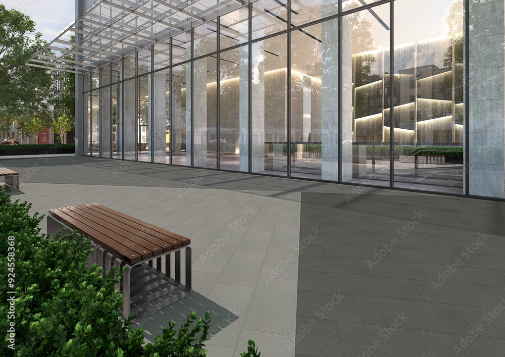3d Renderings Office Complex Main Entrance with nice view and creative modern decoration. 3d Renderings Office Complex Main Entrance with nice view and creative modern decoration.