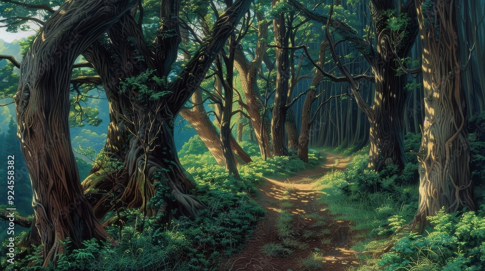 Fototapeta premium A serene path meanders through a lush forest, surrounded by tall trees and vibrant greenery