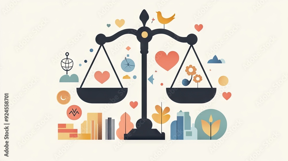 A flat illustration of balanced justice scales, with symbols of equality, love, and morality. A flat illustration of balanced justice scales, with symbols of equality, love, and morality.