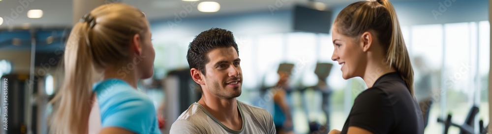 Three young adults in a modern gym setting, enjoying a pleasant and engaging conversation, emphasizing friendship and well-being. Three young adults in a modern gym setting, enjoying a pleasant and engaging conversation, emphasizing friendship and well-being.