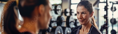 Two women in a gym setting, having a conversation while surrounded by gym equipment, symbolizing communication and connection in fitness. photo