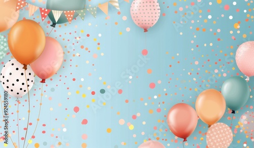 Colorful Balloons and Confetti Against a Light Blue Background for Celebration