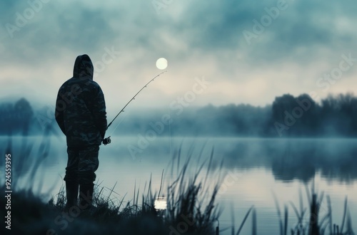 Early Morning Fisherman Casting Line on Tranquil River in Autumn