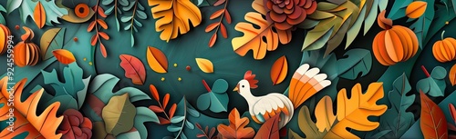 A banner designed to look like 3D paper cutouts, with layered elements of turkeys, leaves, and pumpkins, giving a sense of depth and creativity photo