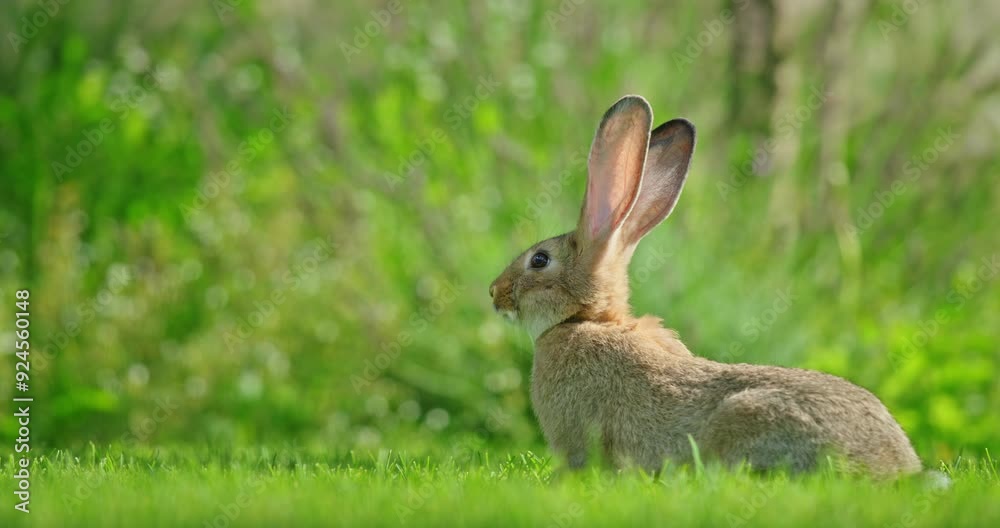A cute gray rabbit on green grass on a warm summer day.