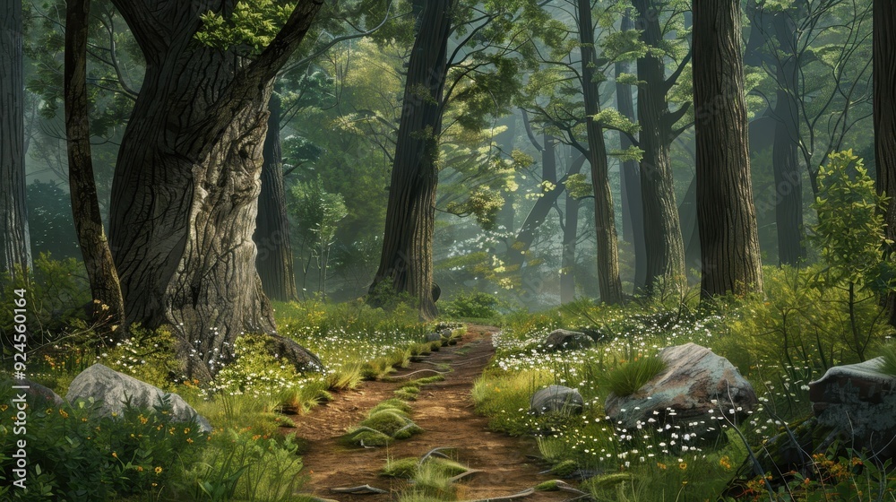 Fototapeta premium A tranquil forest path meanders through vibrant greenery, dotted with wildflowers and basking in sunlight
