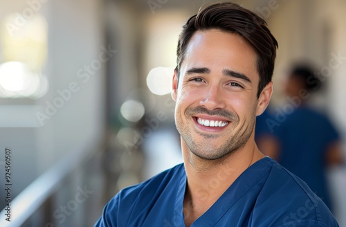 Smiling Male Nurse in Scrubs at Hospital Hallway During Daytime