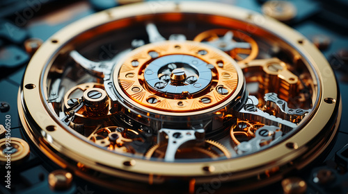 Wallpaper Mural A close up of a clock with gold and silver gears. The clock is made of metal and has a circular shape Torontodigital.ca