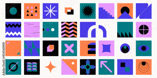 Geometric swiss forms. Modern simple bauhaus blocks, set of bold abstract brutalist figures, geo primitive shapes mosaic tiles. Vector background