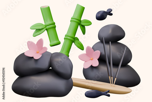 Set of 3D elements for advertising aroma and stone therapy