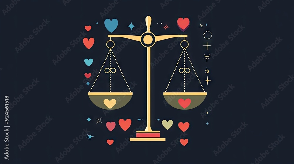Flat design justice scales, perfectly balanced with symbols representing love and equality. Flat design justice scales, perfectly balanced with symbols representing love and equality.