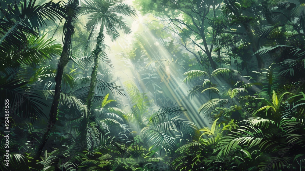Illustration of a tropical rainforest ecosystem, featuring dense vegetation, diverse animal species, Illustration of a tropical rainforest ecosystem, featuring dense vegetation, diverse animal species,