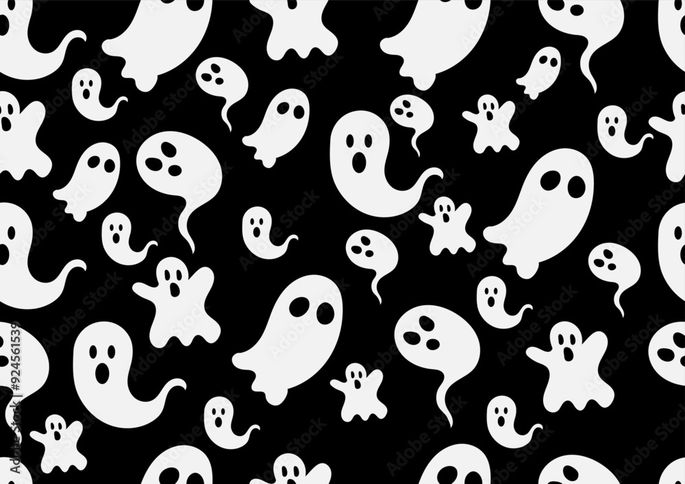 Halloween seamless pattern. Spooky ghost on black background. For cards, frames, posters, book covers, textile, wallpaper, wrapping and fabric. Halloween seamless pattern. Spooky ghost on black background. For cards, frames, posters, book covers, textile, wallpaper, wrapping and fabric.