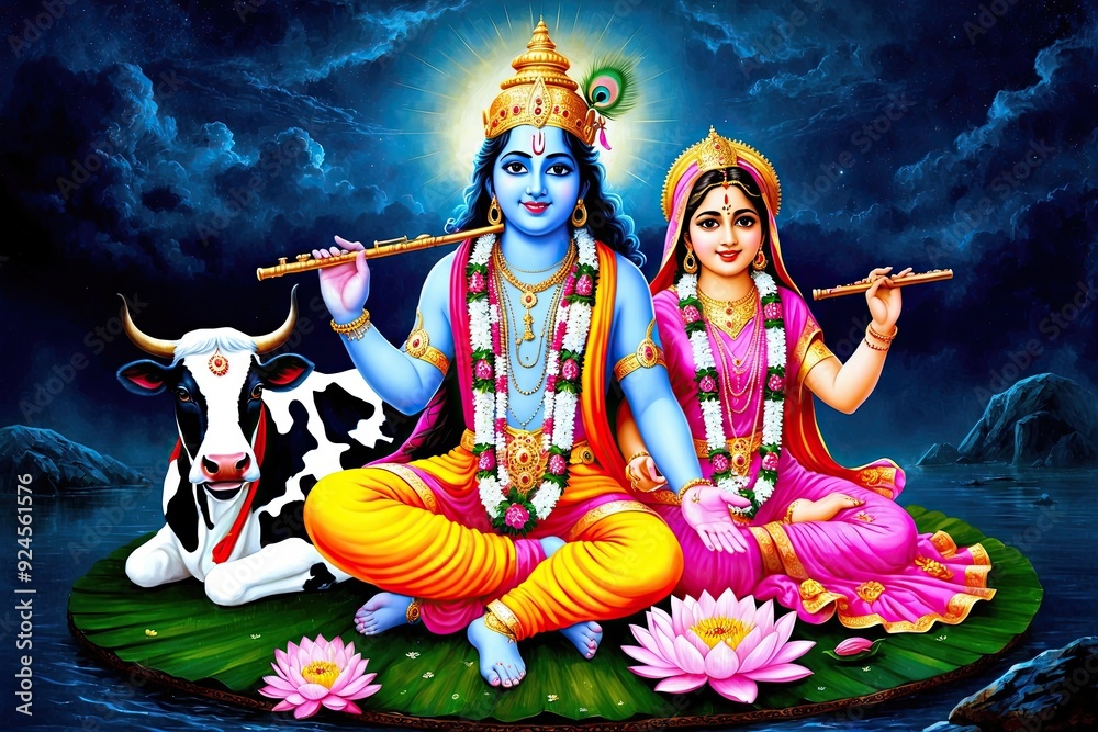 Fototapeta premium Enchanting Krishna and Radha with Cow Lotus and Flute in a Mystical Night Setting