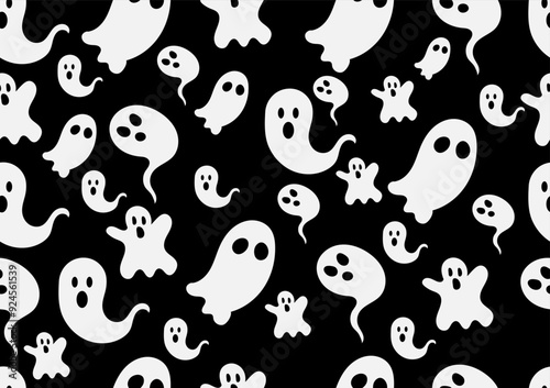 Halloween seamless pattern. Spooky ghost on black background. For cards, frames, posters, book covers, textile, wallpaper, wrapping and fabric.