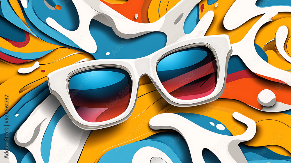 Naklejka premium 2. An iconic pair of sunglasses depicted in a comic book style, with exaggerated reflections and vibrant hues