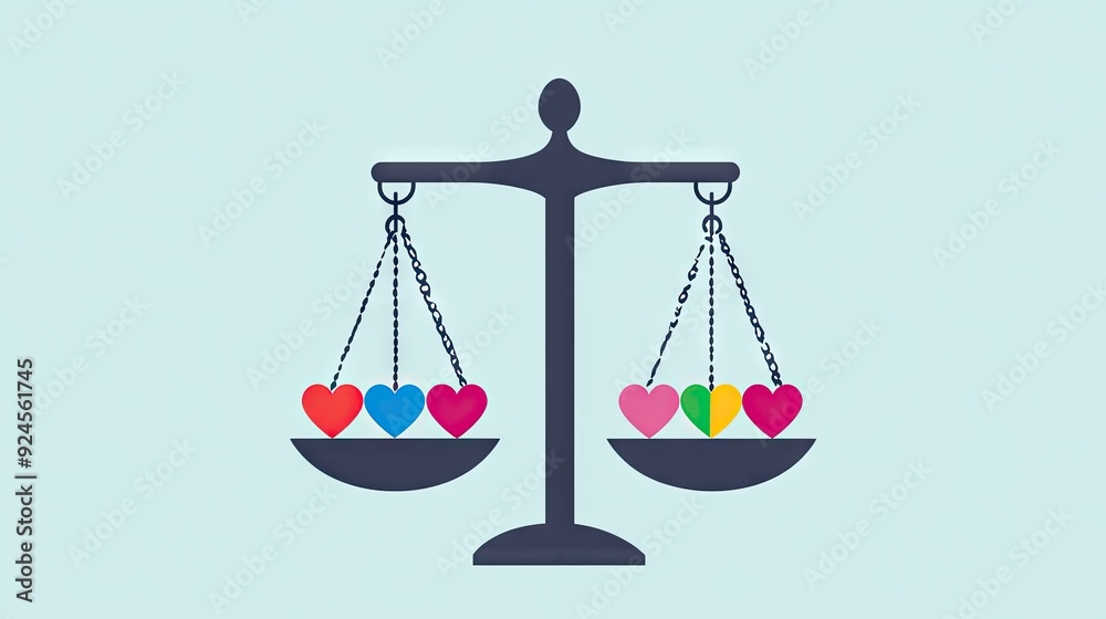 Justice scales with balanced symbols of equality and love, illustrating fairness in a flat design. Justice scales with balanced symbols of equality and love, illustrating fairness in a flat design.