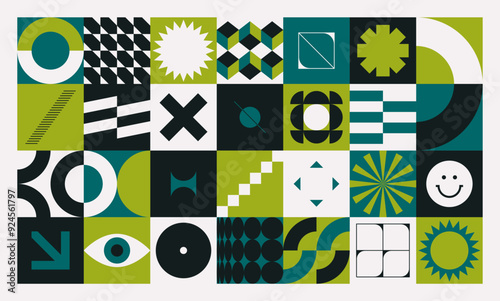 Brutalist geometric shapes. Minimalist postmodern abstract forms, modern primitive blocks swiss banner design, basic geometry elements bauhaus style. Vector set