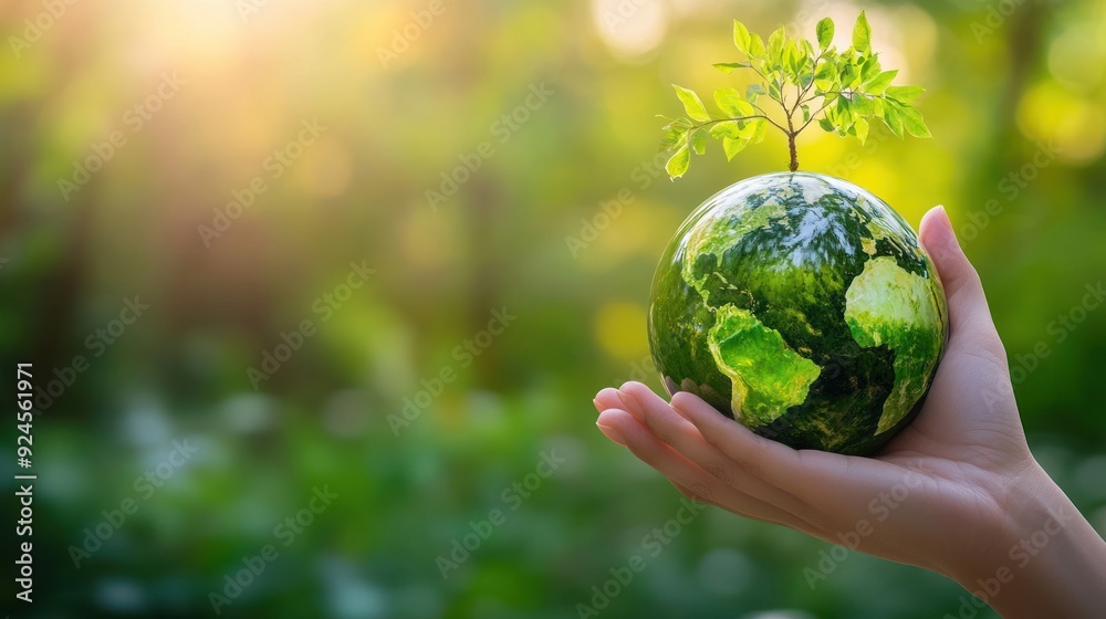 Hand Holding a Green Globe with a Growing Plant Hand Holding a Green Globe with a Growing Plant