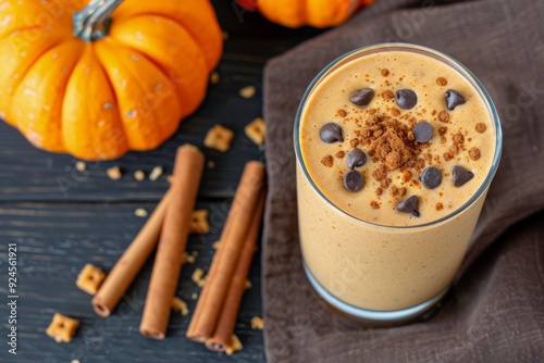 Creamy Pumpkin Smoothie With Chocolate Chips and Cinnamon Sticks