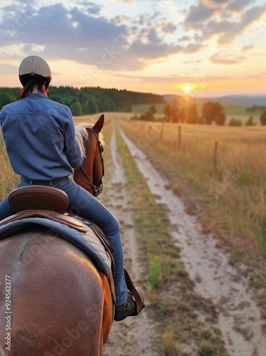 Horses Walking Along a Trail at Sunset in a Peaceful Countryside