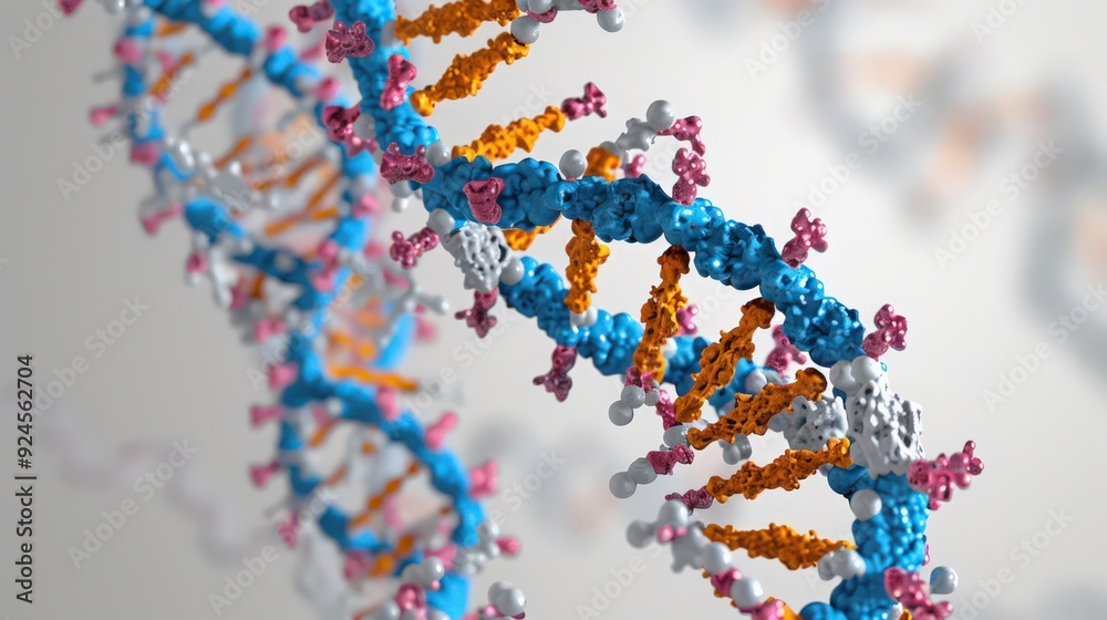 Illustration of the DNA double helix in 3D, showing its spatial orientation and the interaction between Illustration of the DNA double helix in 3D, showing its spatial orientation and the interaction between