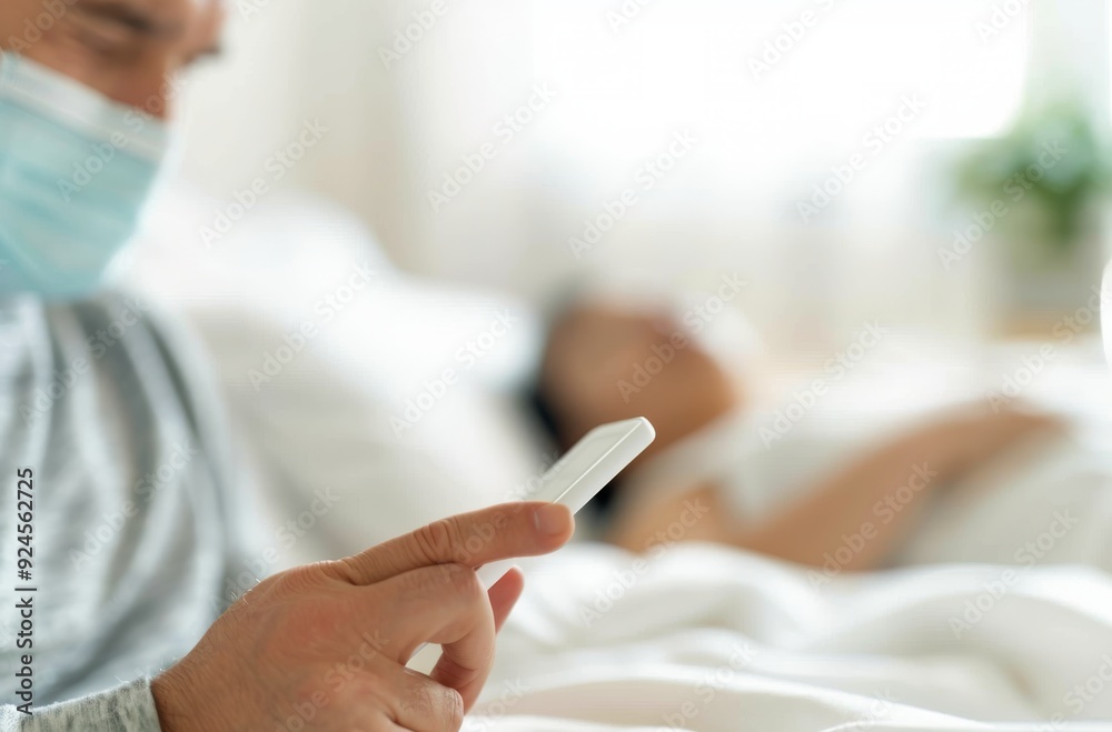 Hand Holding Thermometer Near Person Resting in Bed Hand Holding Thermometer Near Person Resting in Bed