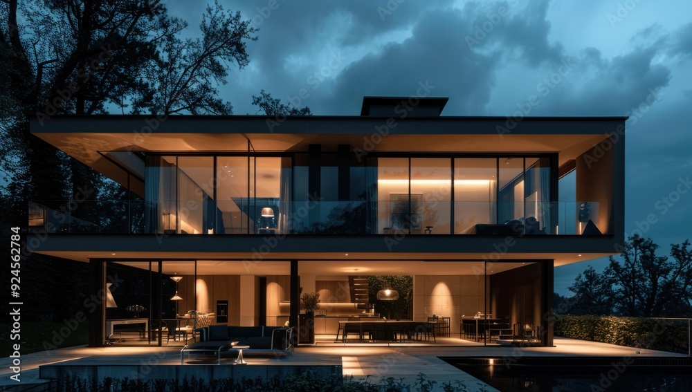Modern House with Pool at Twilight