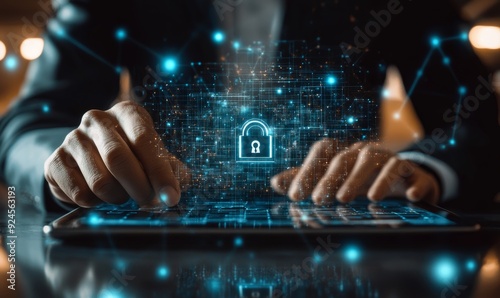 security, data protection information privacy internet technology concept. Businessman working on digital tablet with padlock protecting business and financial data virtual network, Generative AI