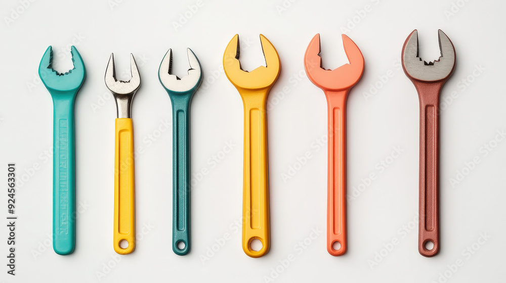 Steel tools with colorful handles on a white background Steel tools with colorful handles on a white background