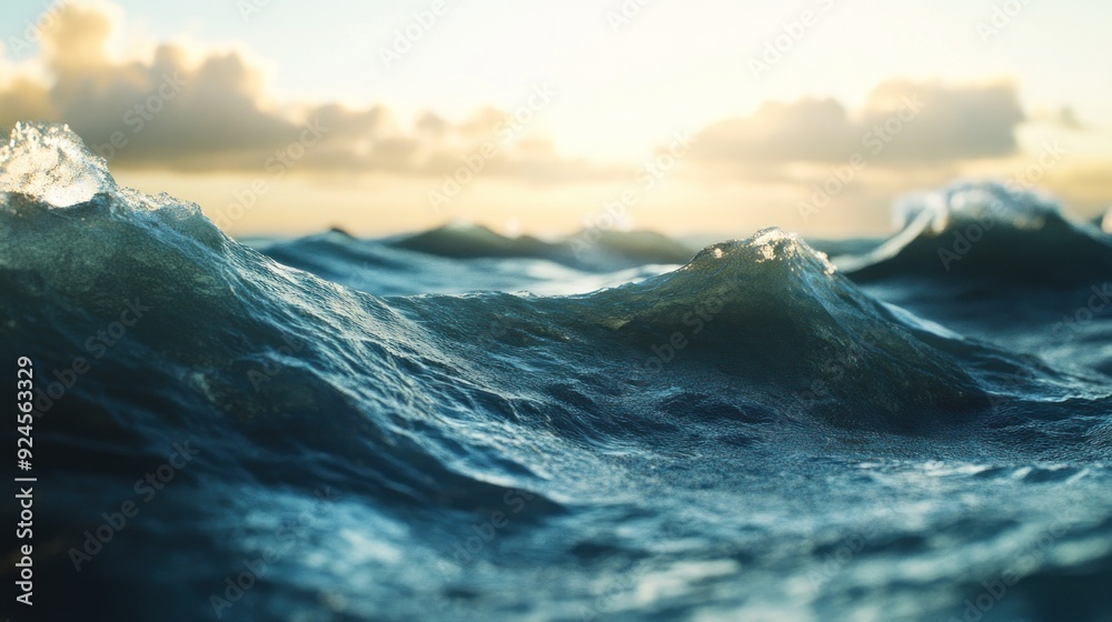 Fototapeta premium Close-up of Ocean Waves with Golden Sky in the Background